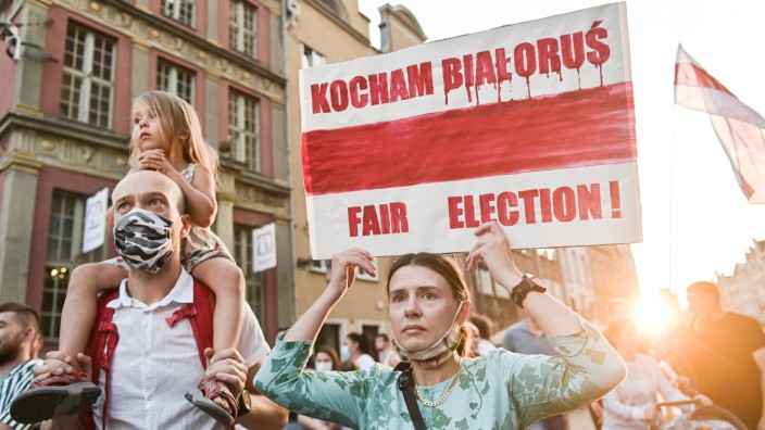 August 14, 2020, Gdansk, Poland: A protester holds a placard expressing his opinion during the demonstration..Belarusia