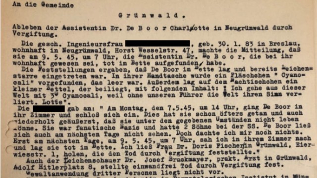 Kriegsende 1945: Bericht zum Suizid von Charlotte de Boor, die sich am 7. Mai 1945 mit Zyankali vergiftete.