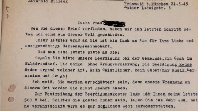 Kriegsende 1945: Abschrift des Abschiedsbriefs von Reinhold Milleck an seine Nachbarin im Mai 1945.