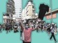 September 6, 2020, Hong Kong, China: A man gestures and holds a black shirt during an unauthorized rally in Hong Kong. T