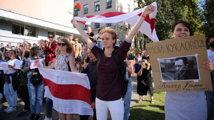 Students of Minsk State Linguistic University attend a rally in support of their detained fellows in Minsk
