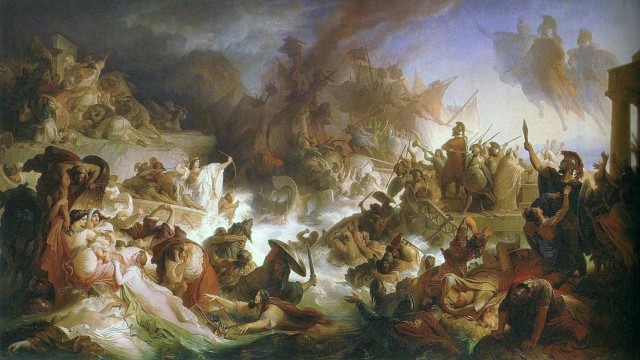Antike: So stellte sich der Maler Wilhelm von Kaulbach die Seeschlacht bei Salamis vor. Das Monumentalgemälde von 1863 hängt im Senatssaal des Bayerischen Landtages, eine Kopie in der Ausstellung.