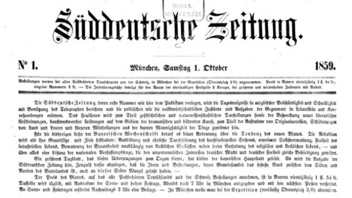 Titelseite der allerersten SZ vom 1. Oktober 1859