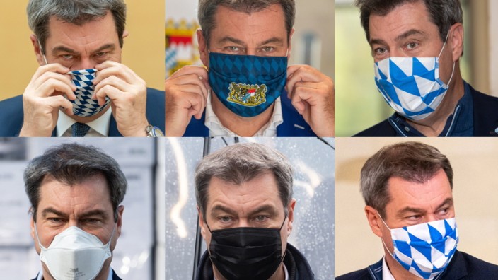 Kabinett: Viele Gelegenheiten - mehrere Varianten: Ministerpräsident Markus Söder lässt sich, auch als Botschaft an die bayerischen Bürger, gerne mit Maske fotografieren.
