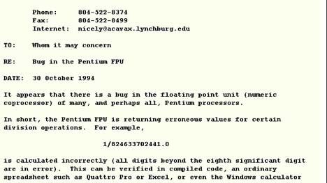 Unternehmens-PR: Dieser Scrennshot dokumentiert die erste durchs Internet ausgelösten Krise: Ein Mathematik-Professors schreibt am 30. Oktober 1994 in einem Forum über einen Intel Pentium Chip.