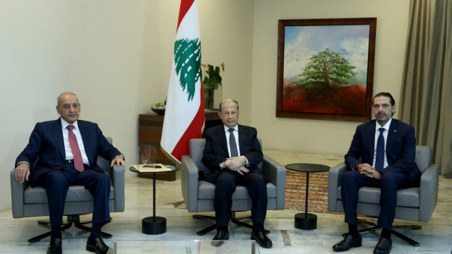 Designated Prime Minister Saad al-Hariri, meets with Lebanon's President Michel Aoun and Lebanese Speaker of the Parliament Nabih Berri at the presidential palace in Baabda