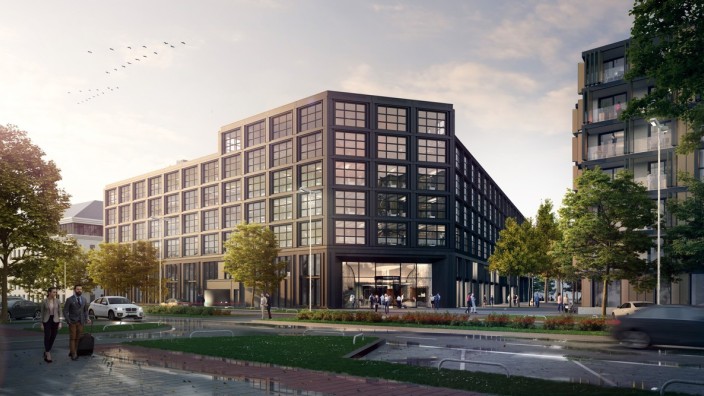 Zündapp-Quartier: So war mal der Plan: In der Mitte ein neues Bürogebäude, rechts daneben ein Wohnhaus, das Stand jetzt aber doch nicht gebaut werden soll. Simulation: Pandion AG