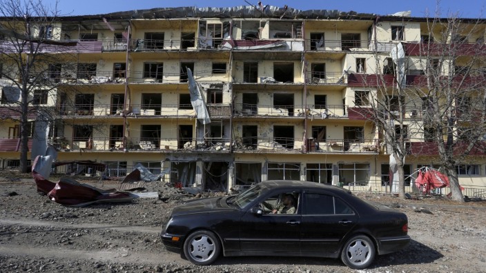 FILE PHOTO: A view shows a damaged building following recent shelling in Shushi