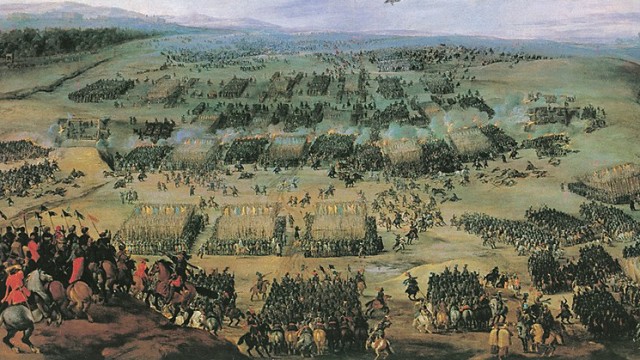 Landesgeschichte: Die Schlacht am Weißen Berg auf einem Gemälde von Pieter Snayers (1597-1667). Es zeigt die katholischen Armeen und die aufständischen Böhmen.