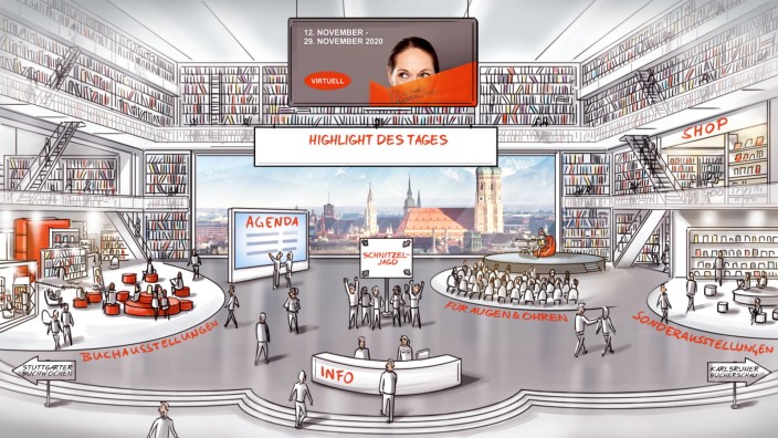 61. Münchner Bücherschau: Eintritt in eine virtuelle Bücherwelt: Wer sich auf der Webseite der Bücherschau registriert, kann über eine Art Lobby kostenlos diverse Veranstaltungen und Buchausstellungen anklicken - und auch einen Shop.