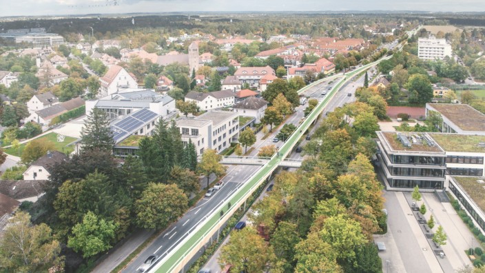 Verkehr: Kühne Vision: Der von den CSU-Kommunalpolitikern vorgeschlagene Radschnellweg auf Stelzen über der B 304 durch Haar. Simulation: Gemeinde Haar