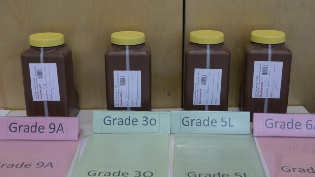 Corona-Tests an Schulen: Die braunen Plastikbehälter enthalten die Spucke jeweils einer Klasse.