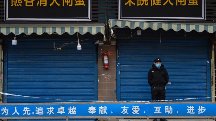 Coronavirus: Ein Sicherheitsmann bewacht die geschlossenen Tore des Fischgroßmarkts von Wuhan. Es wird vermutet, dass hier, wo auch Wildtiere geschlachtet und verkauft wurden, die Covid-19-Pandemie ihren Ursprung hat.