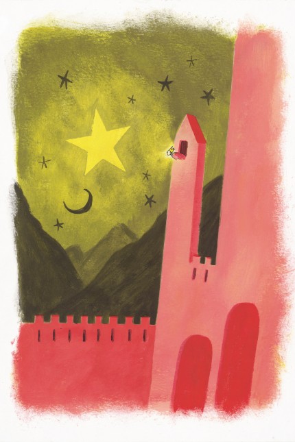 Bilderbuch: Vom Turm aus entdeckt der kleine König ein helles Licht am Himmel. Illustration aus "Der kleine König folgt dem Stern".