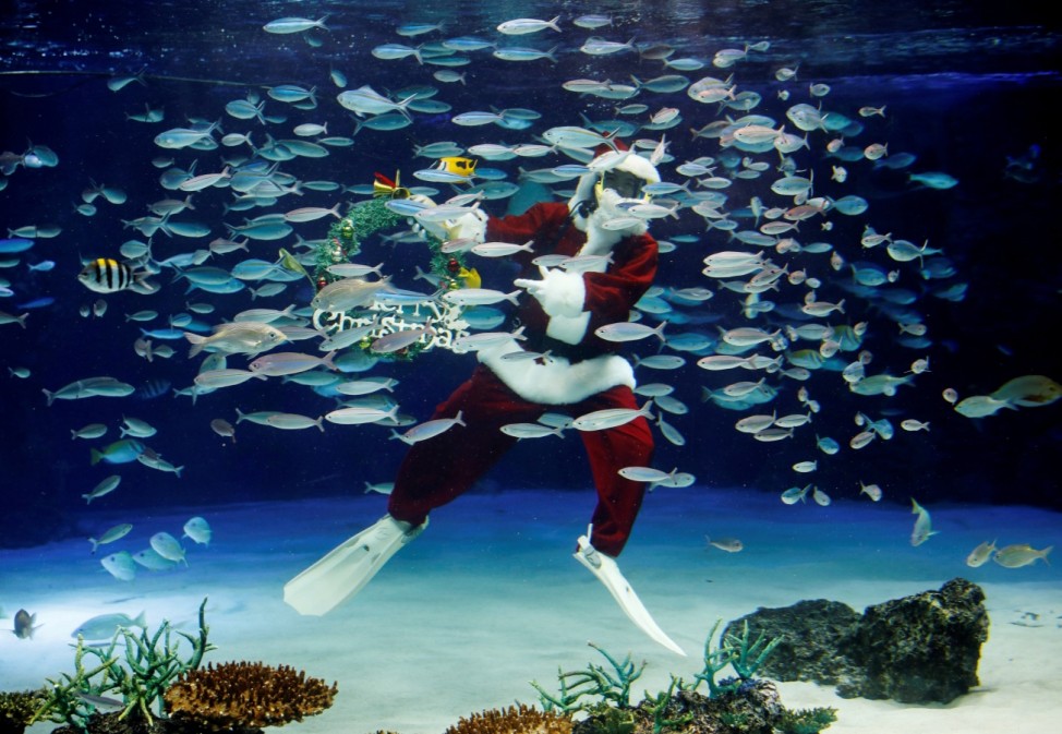 A diver wearing Santa Claus costume for the Christmas celebration, amid the coronavirus disease (COVID-19) outbreak, in Tokyo