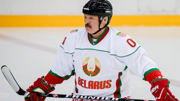 SOCHI, RUSSIA - FEBRUARY 7, 2020: Belarus President Alexander Lukashenko during a friendly ice hockey match at an ice a; Lukaschenko