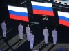 ITAR TASS SOCHI RUSSIA FEBRUARY 23 2014 Three Russian national flags raised during the medal ce; Russland