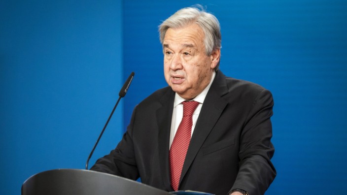 Antonio Guterres, Generalsekretaer der Vereinten Nationen, aufgenommen im Rahmen einer Pressekonferenz im Auswaertigen