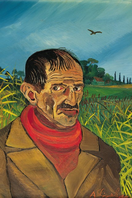 Antonio Ligabue
, Autoritratto con sciarpa rossa,
1958