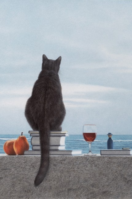 Ausblick auf 2021: Blick ins Ungewisse: "Katze am Meer heißt" dieses Bild von Quint Buchholz, bei dem sich unweigerlich die Frage aufdrängt: Ist das Weinglas nun halb voll oder halb leer?
