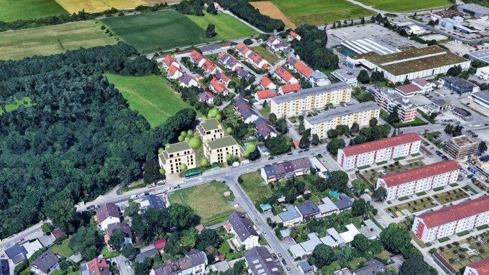 Fürstenfeldbruck: Die drei Häuser, die an der Hubertusstraße geplant sind, grenzen an ein Waldstück, das erhalten bleiben soll. Simulation: Stadt Fürstenfeldbruck