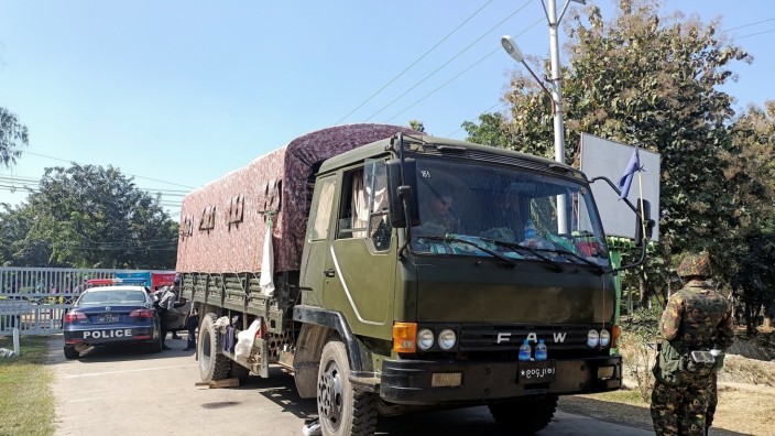 Myanmar army vehicle is parked outside the parliament members' residence, in Naypyitaw