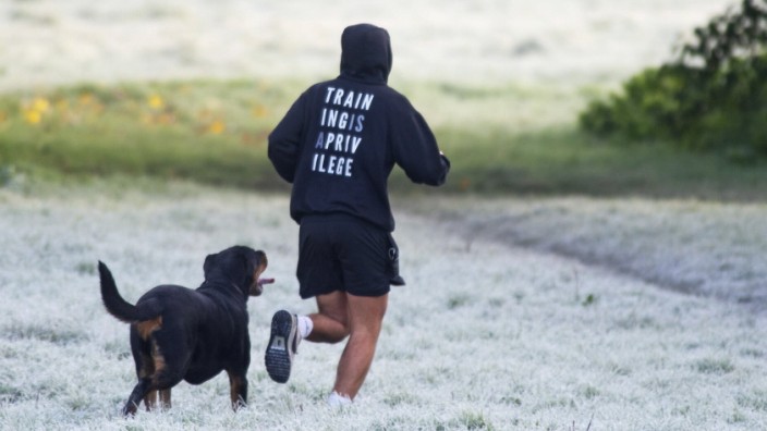 November 8, 2019, Sidcup, South East London, UK: Sidcup,UK. An early morning runner with his rottweiler on a cold and fr