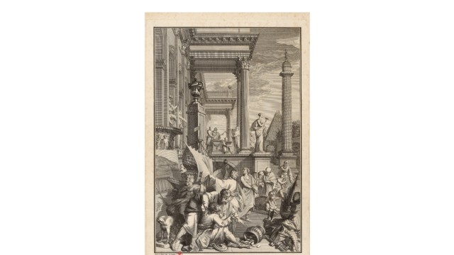 Bildwissenschaften: Landschaften voller Antiquitäten: Das Frontispiz, also das Titelbild, von "L'Antiquité expliquée et représentée en figures" von Bernard de Montfaucon zur zweiten Auflage von 1722, ein Stich von Sébastien Leclerc (1637-1714).