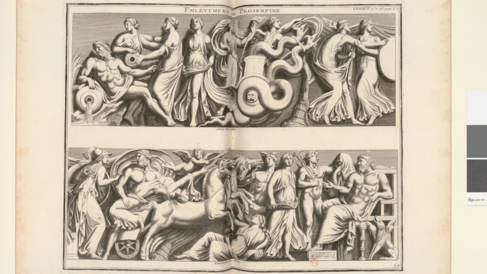 Bildwissenschaften: Der Raub der Proserpina, Kupferstich nach einem römischen Sarkophag in "L'Antiquité expliquée et représentée en figures" von Bernard de Montfaucon (1719 - 1724).