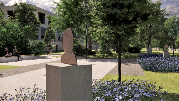 Unterschleißheim: Von der Künstlerin Kirsten Zeitz stammt das Konzept für die Erinnerungsstätte, zu der Stelen gehören und blaue Flachsblüten, die den Weg der Erinnerung säumen.