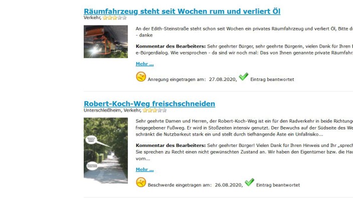 Unterschleißheim: Der bisherige E-Bürgerdialog wird von den Unterschleißheimern vor allem dazu genutzt, die Stadt auf Mängel hinzuweisen. Screenshot: Stadt Unterschleißheim