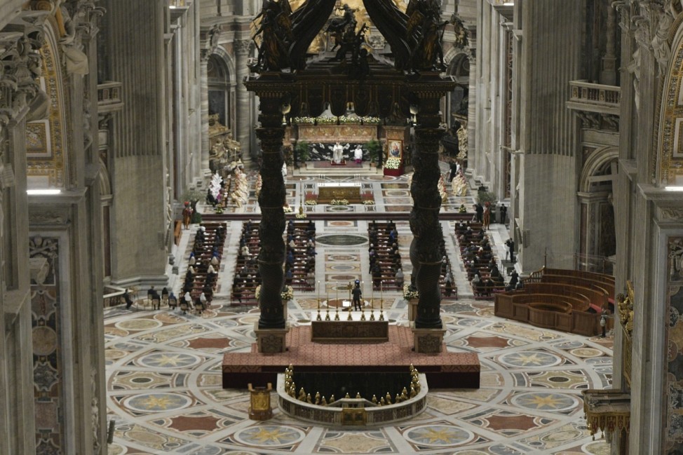 April 03, 2021 : Pope Francis celebrating the Easter Vigil at St. Peter s Basilica in The Vatican during the Covid-19 c