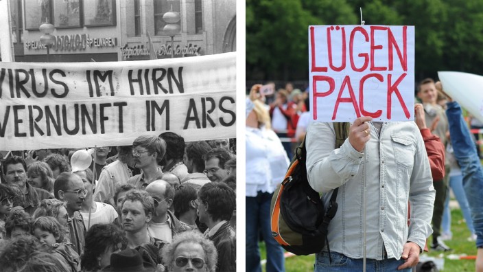 Aids und Corona: Proteste 1987 in München gegen die Aids-Politik. Heute geht es gegen "die da oben": Demonstration gegen Corona-Maßnahmen ebenfalls in München im Sommer 2020.