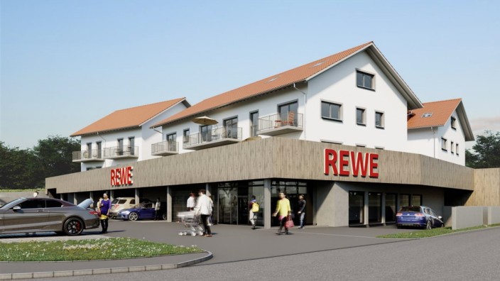 Nachverdichtung: Unten Rewe, oben Wohnungen: In Eurasburg in Oberbayern wurden auf das Lebensmittelgeschäft Mehrfamilienhäuser gebaut. Hier eine Visualisierung.