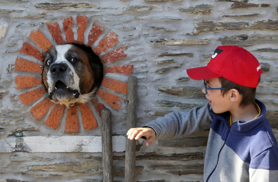 A boy attempts to pet a dog that puts its muzzle through a hole in a house's wall in the village of Alle-sur-Semois