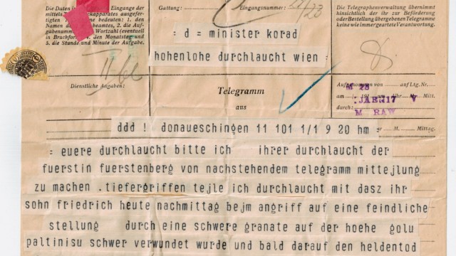 Ein Bild und seine Geschichte: Telegramm des österreichischen Innenministers Hohenlohe-Schillingsfürst vom 1. Januar 1917 an Fürstin Irma zu Fürstenberg mit der Nachricht vom Tod ihres jüngsten Kindes.