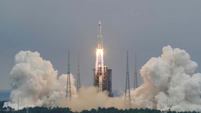 Long March-5B Y2 rocket, carrying the core module of China's space station Tianhe, takes off from Wenchang
