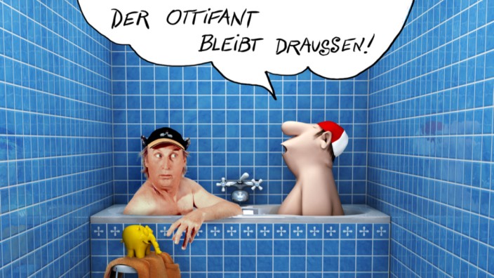Loriot und Otto: "Herren im Bad" heißt einer der berühmtesten Zeichentrick-Sketche Loriots. Herr Müller-Lüdenscheidt (rechts) muss sich eine Wanne mit Herrn Dr. Klöbner teilen - an dessen Stelle hat nun aber Otto in der Wanne Platz genommen.