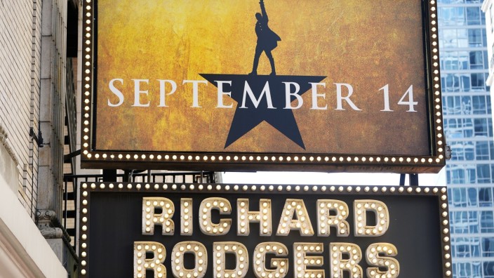 A Broadway show marquee for Hamilton is pictured in New York City