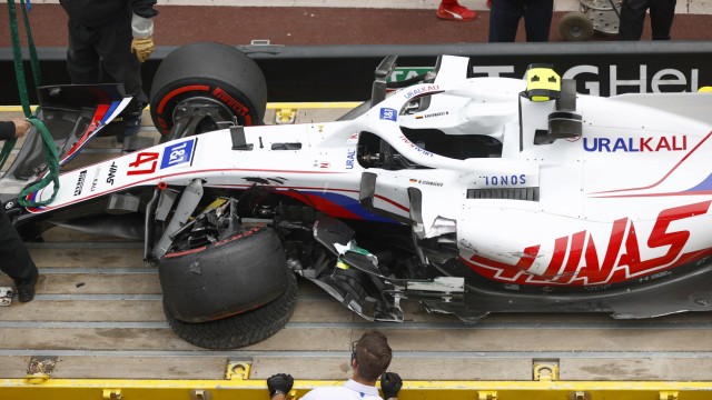 Formula 1 2021: Monaco GP CIRCUIT DE MONACO, MONACO - MAY 22: The damaged car of Mick Schumacher, Haas VF-21, on a truck
