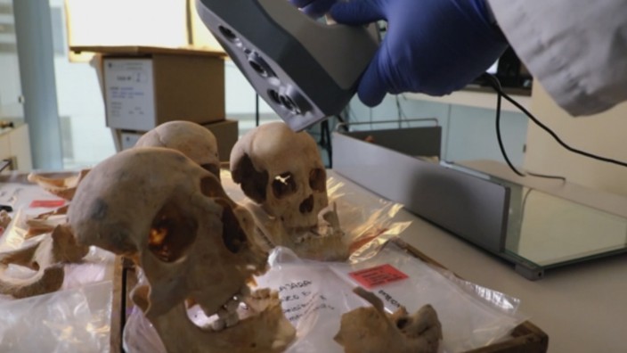 Christoph Kolumbus: Mittels eines 3-D-Scanners inspiziert ein Forscher in Granada das, was die sterblichen Überreste von Christoph Kolumbus und seiner Familie sein sollen.