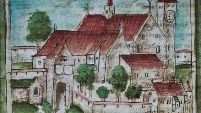Kloster Ebersberg, Federzeichnung aus Bildchronik (Ende 15. Jh.)