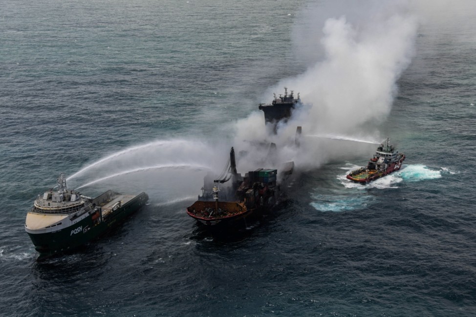 Smoke rises from a fire onboard the MV X-Press Pearl vessel in the seas off the Colombo Harbour