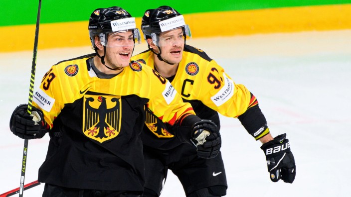 210601 Moritz Muller and Leonhard Pfoderl of Germany celebrate the 2-0 goal during the 2021 IIHF Ice hockey, Eishockey