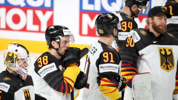 RIGA, LATVIA - JUNE 5, 2021: German players react to defeat in a 2021 IIHF World Championship, WM, Weltmeisterschaft sem