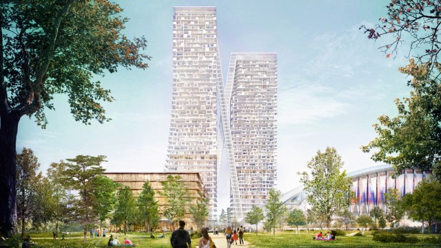 Neuhausen: Maximal 60 Meter hoch soll auf dem Gelände der Paketposthalle gebaut werden. Nach den derzeitigen Plänen des Investors und der Architekten sollen die Türme 155 Meter hoch werden.