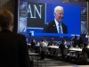 Mr. Joe Biden, President of the United States. View of the press room of the NATO summit. On the giant screen, the image