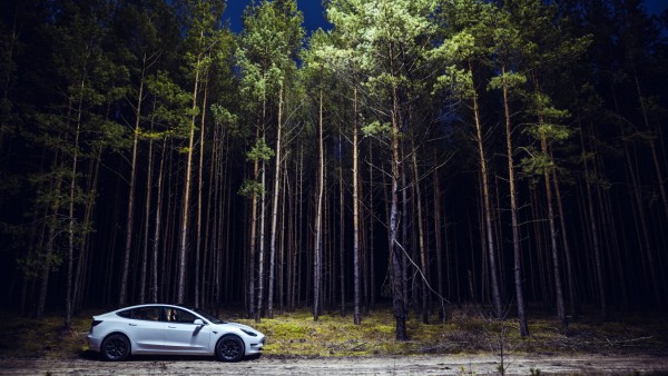 Ein Tesla Model 3, beleuchtet von einer Drohne, steht auf einem Waldweg nahe Grünheide. Grünheide, 19.01.2020 *** A Tesl