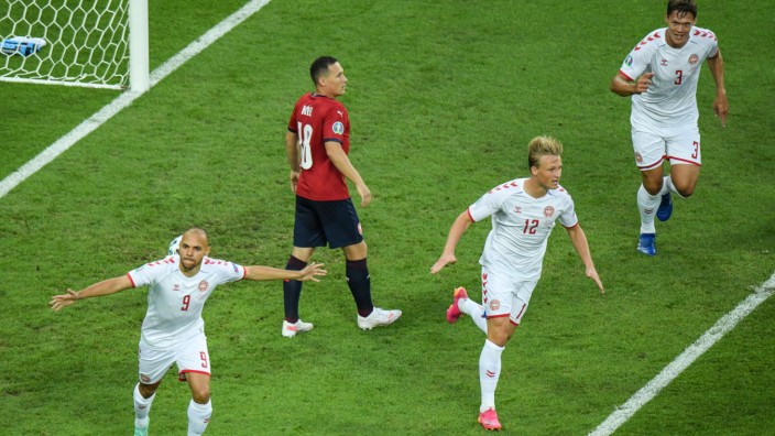 BAKU, AZERBAIJAN - JULY 03: Kasper Dolberg celebrates after scoring Denmark s first goal during the Euro 2020 Quarter Fi