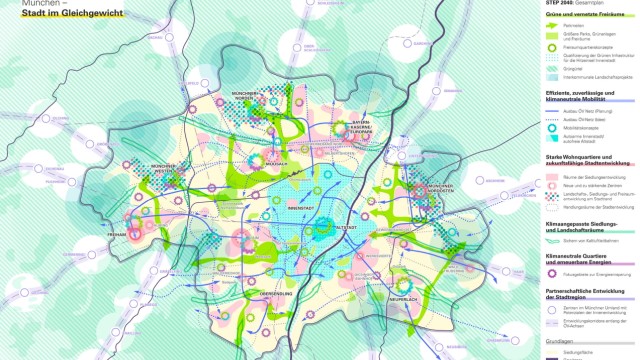 Stadtplanung: Wichtige Zeichen: Der Entwurf des Stadtentwicklungsplans für München zeigt unter anderem grün-rosa gepunktete Flächen. Das sind mögliche Siedlungsgebiete. Karte: Landeshauptstadt